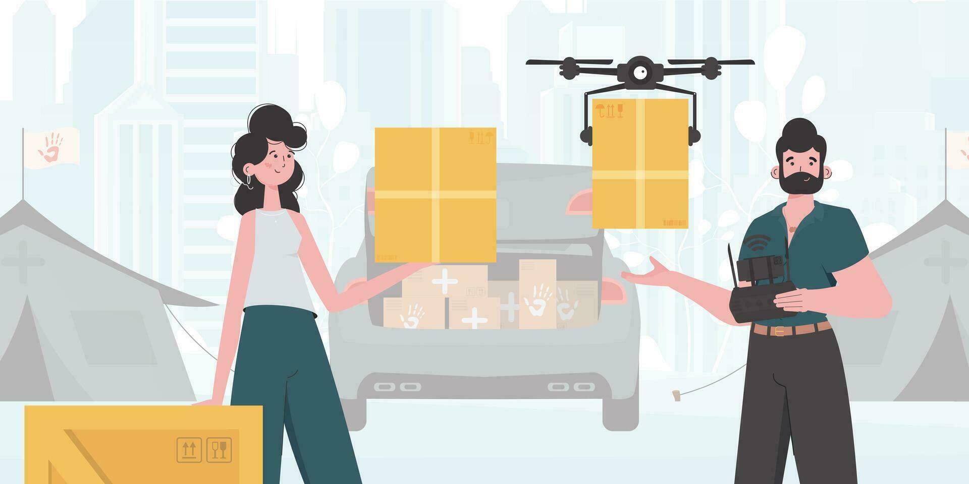 Camp for humanitarian aid. The drone is transporting the parcel. Man and woman with cardboard boxes. Vector illustration.