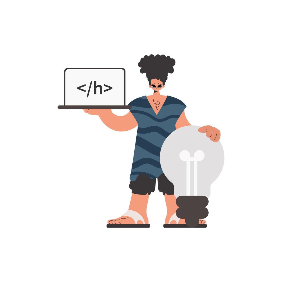 The person is holding a browser window with a programming picture, and to boot standing close a colossal light bulb. Compelled on white foundation. Trendy style, Vector Illustration