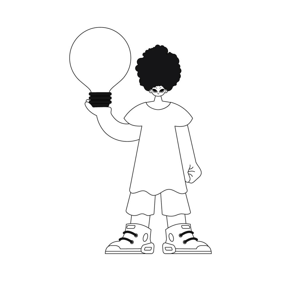 Man holds a light bulb, representing ideas. Linear style vector illustration.