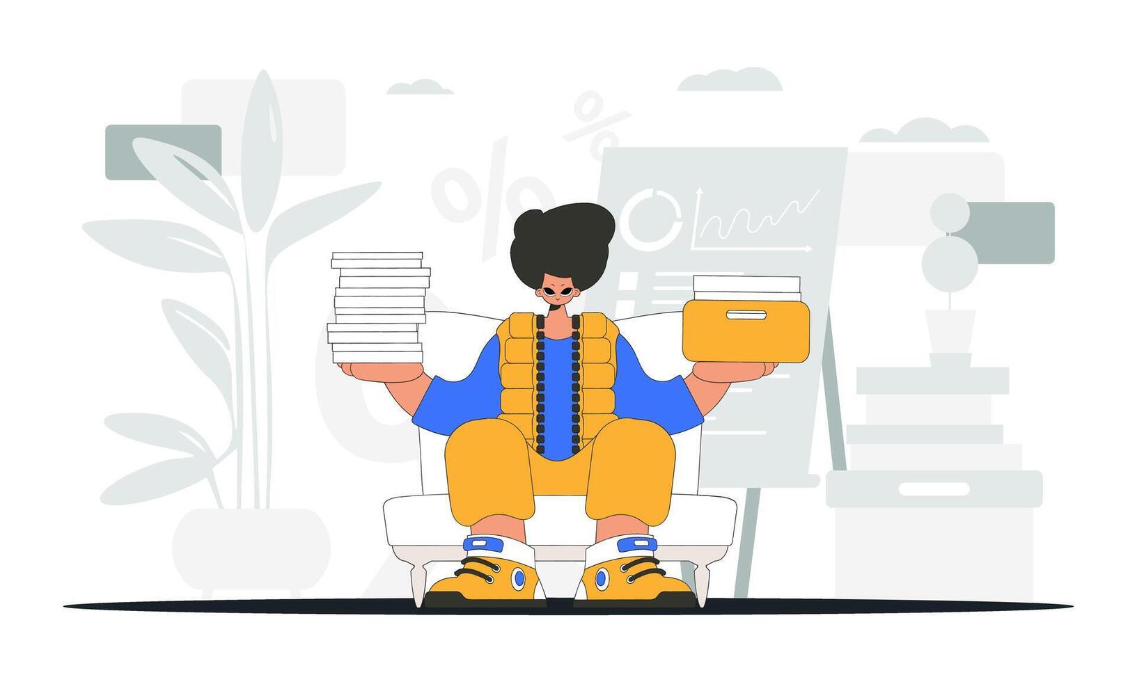 A well-dressed man holds stacks of documents in his hands. Graphic illustration on the theme of tax payments. vector