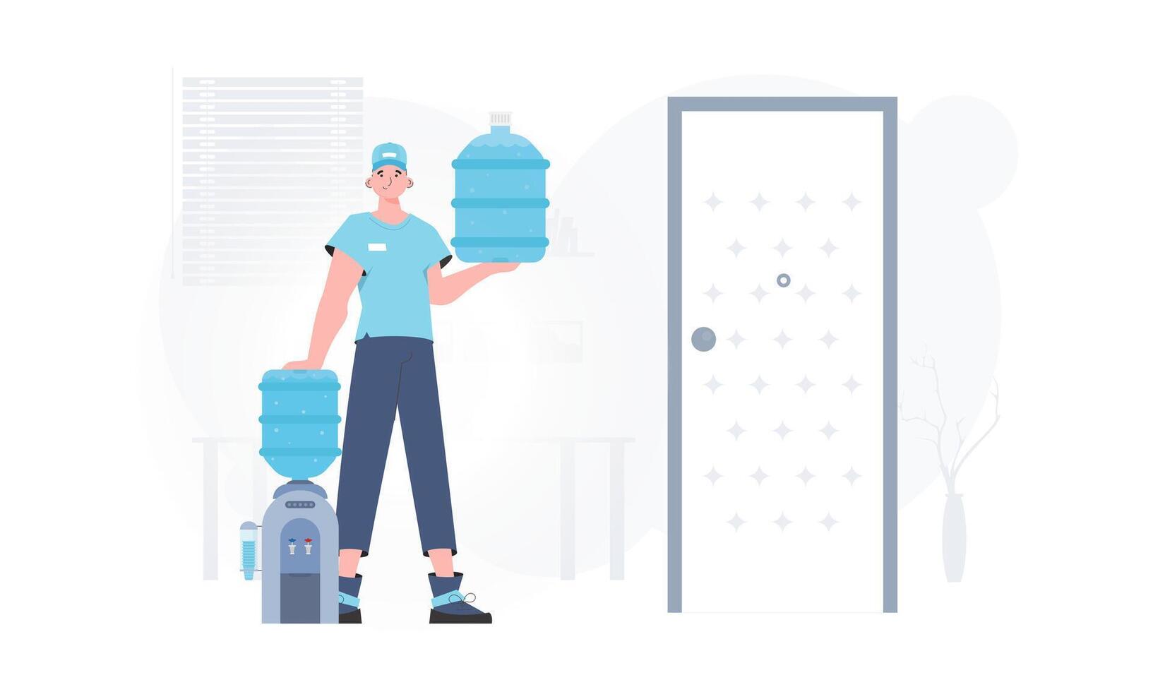 A man is holding a bottle of water. Delivery concept. Cartoon style character depicted in full growth. . vector