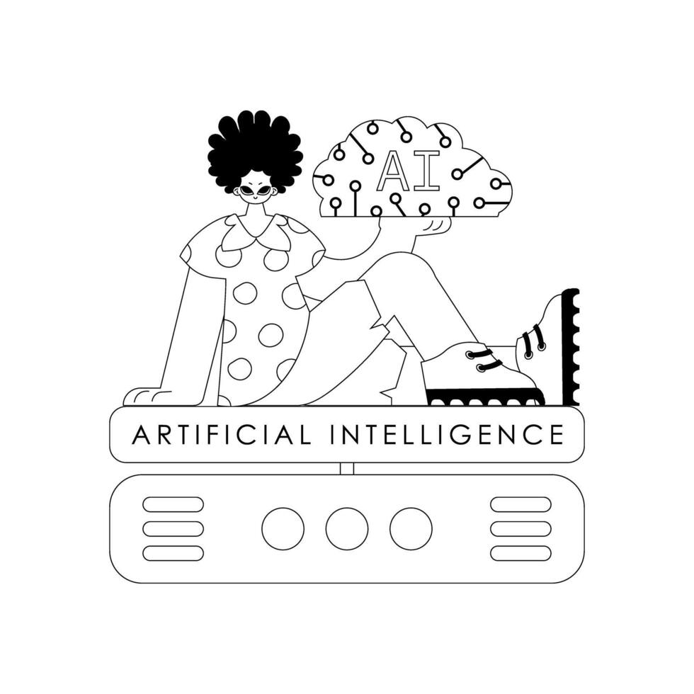 AI man and server in vector linear style, based around artificial intelligence theme