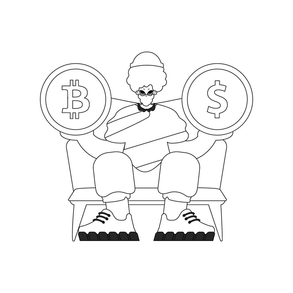An attractive man is holding a bitcoin and dollar coin. Linear black and white style. vector