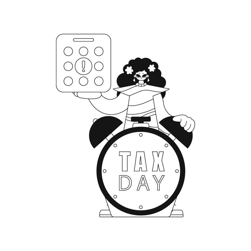 Girl holds calendar and alarm clock, symbolizing tax day. illustration in linear style. vector