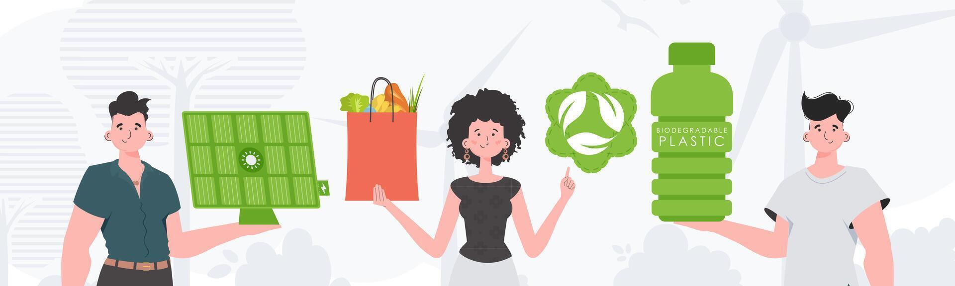 Caring about the environment. ECO friendly People. Flat trendy style. . vector