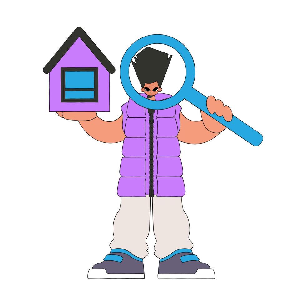 A male realtor holds a house and a magnifying glass in his hands. Investment in real estate. vector