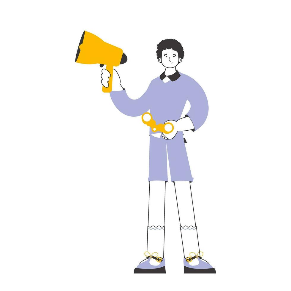 A man holds a mouthpiece and binoculars in his hands. Job Search Theme. H.R. Linear modern style. Isolated. Vector. vector