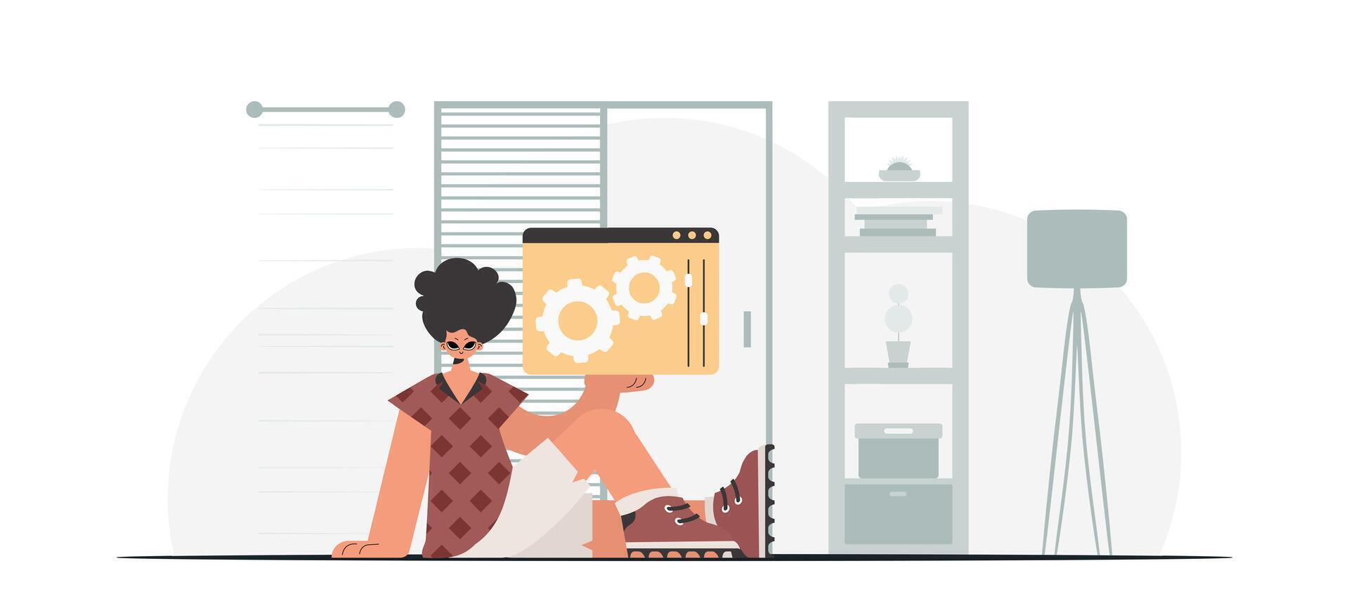 A woman sitting on the floor holding a laptop vector
