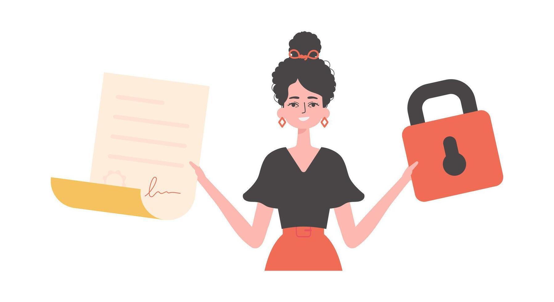 un mujer es participación un contrato o documento. datos proteccion. inteligente contrato. moderno estilo personaje. vector