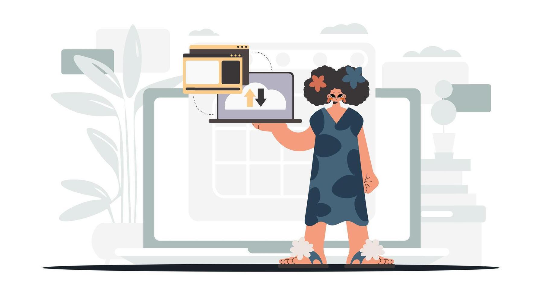 A woman holding a laptop and a tablet vector