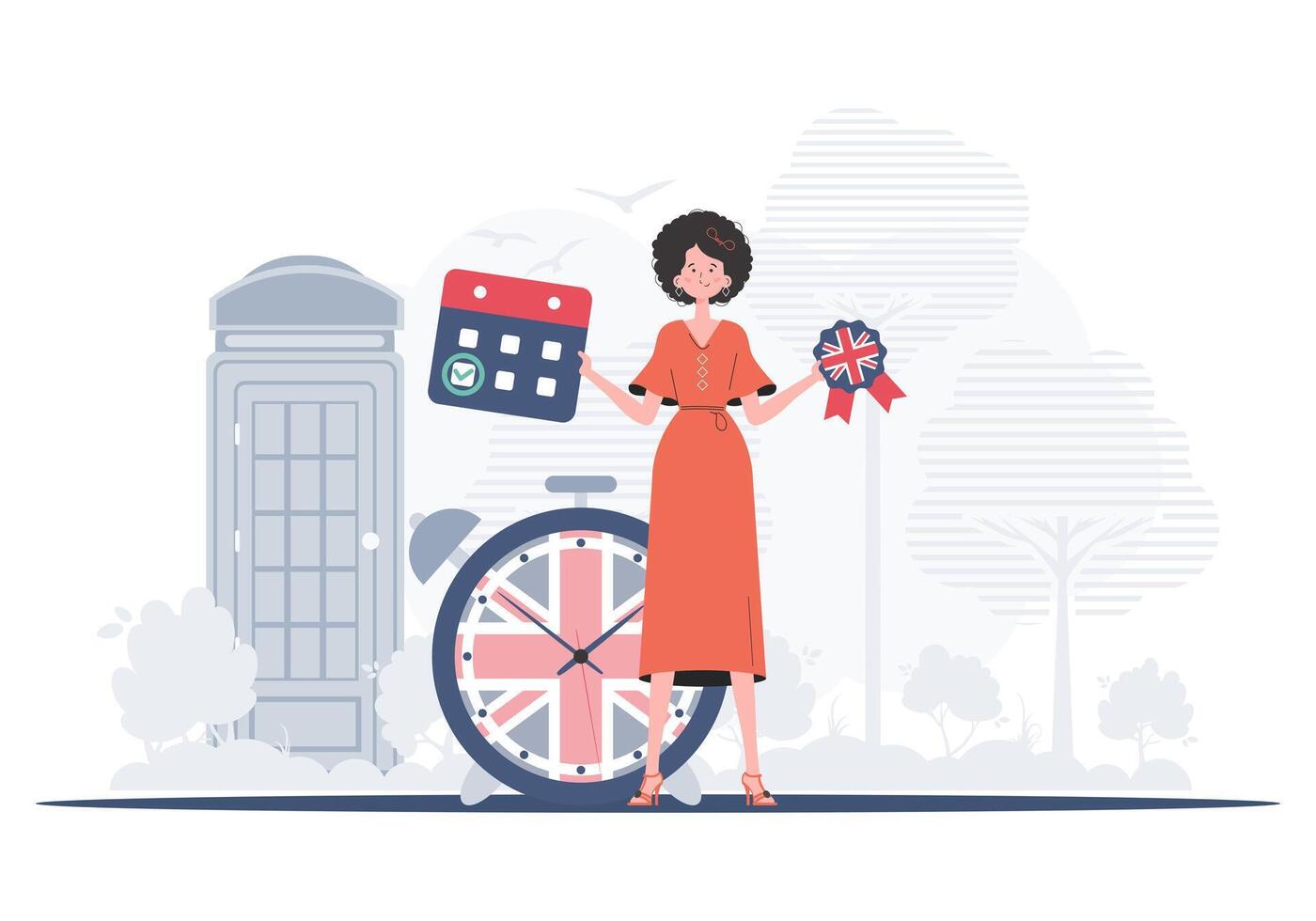 The concept of teaching English. Woman teacher shows that it's time to learn English. Trendy cartoon style. Illustration in . vector