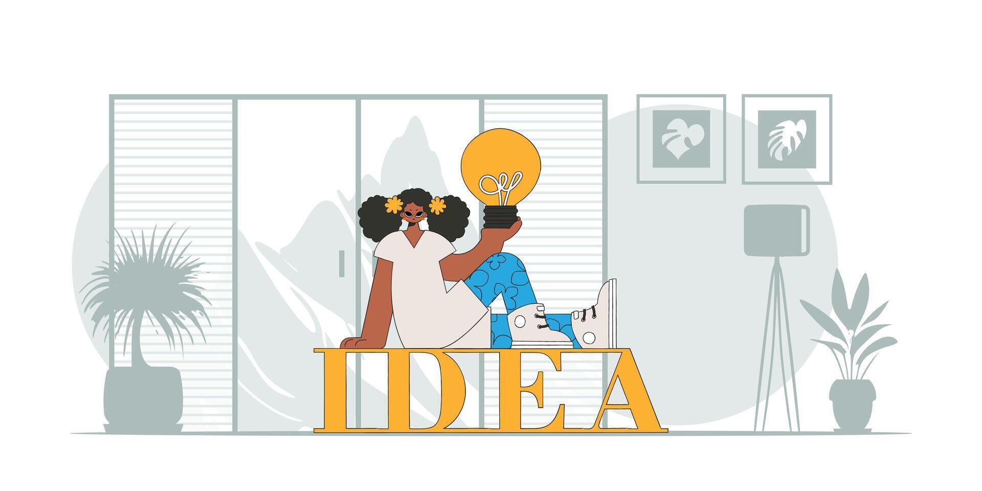 Refined girl is holding a light bulb. Illustration on the theme of the appearance of an idea. vector
