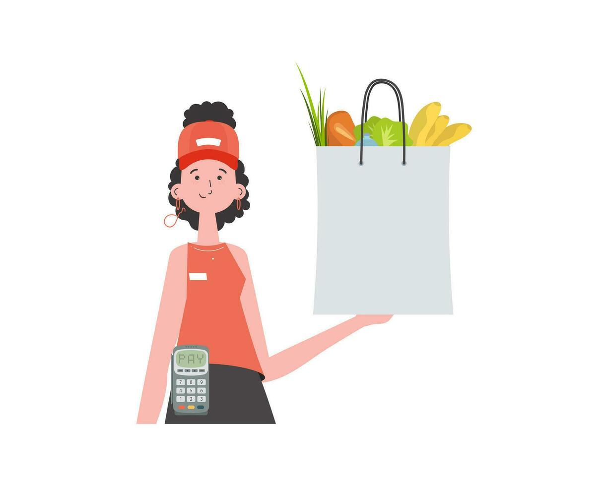 A woman delivers a package of products. Delivery concept. Isolated. Cartoon style. Vector. vector