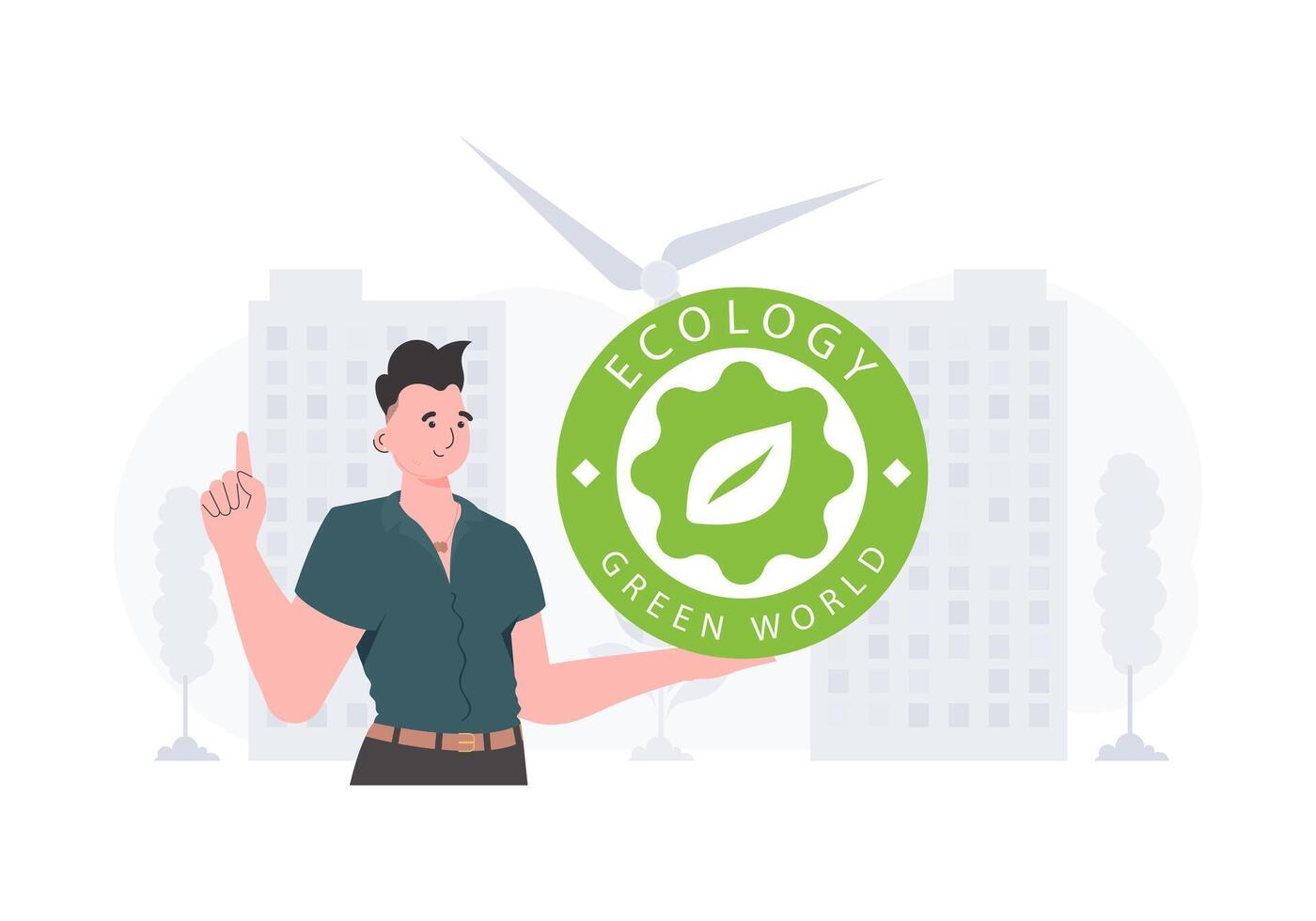 The concept of ecology and green energy. The guy holds the ECO logo in his hands. trendy style. Vector illustration.