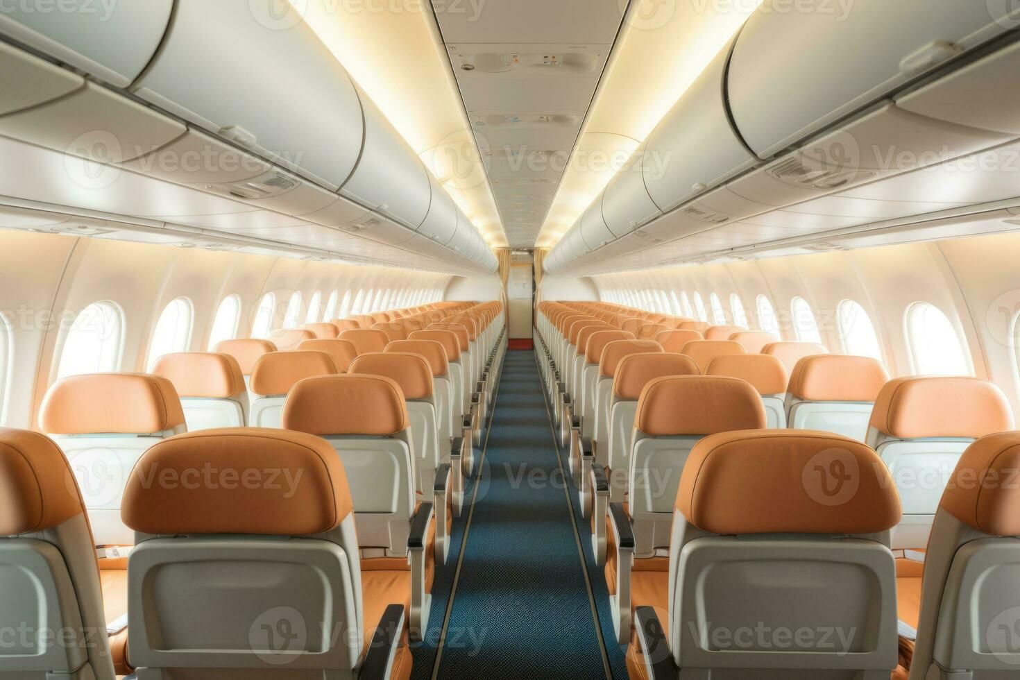 Empty passenger seats in cabin of the aircraft. Plane interior. Generative AI photo