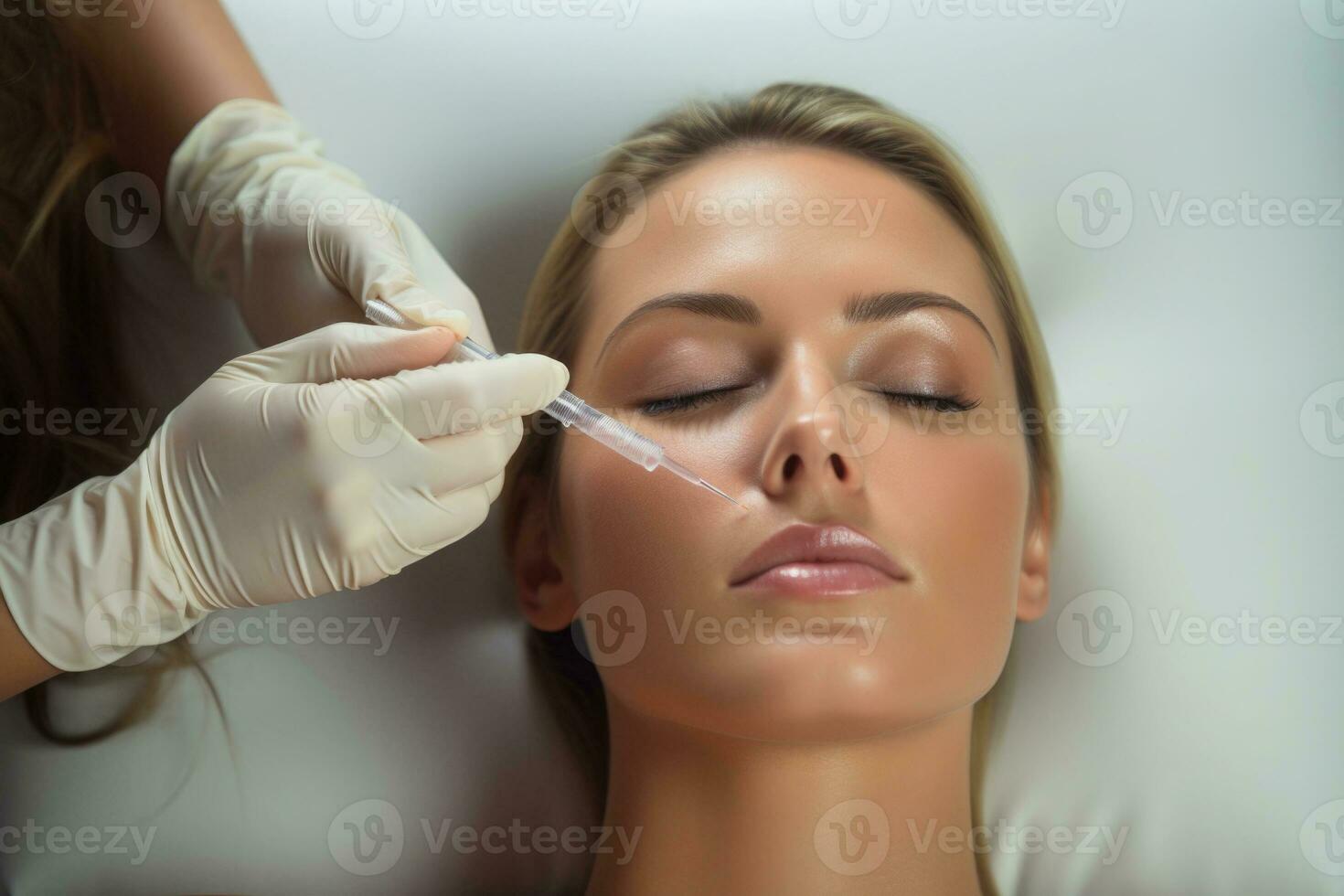 Woman receiving botox injection in clinic. Aesthetic medicine. Generative AI photo