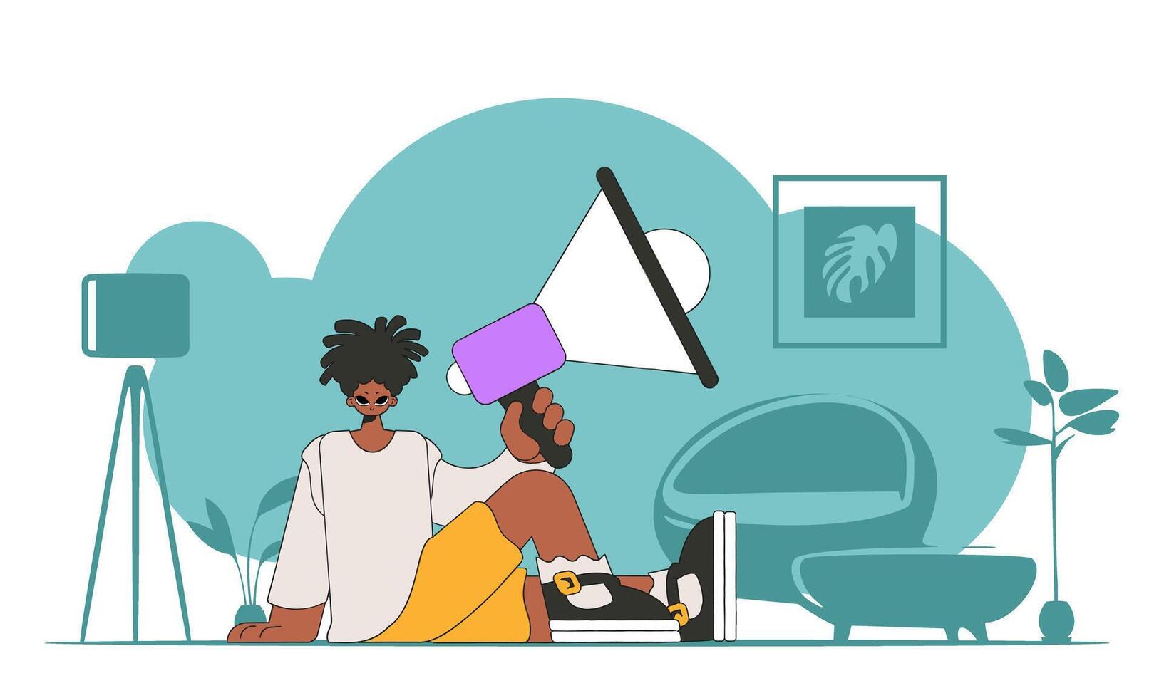 Vector illustration of a human resources specialist. A young guy sits on the floor and holds a megaphone in his hand.