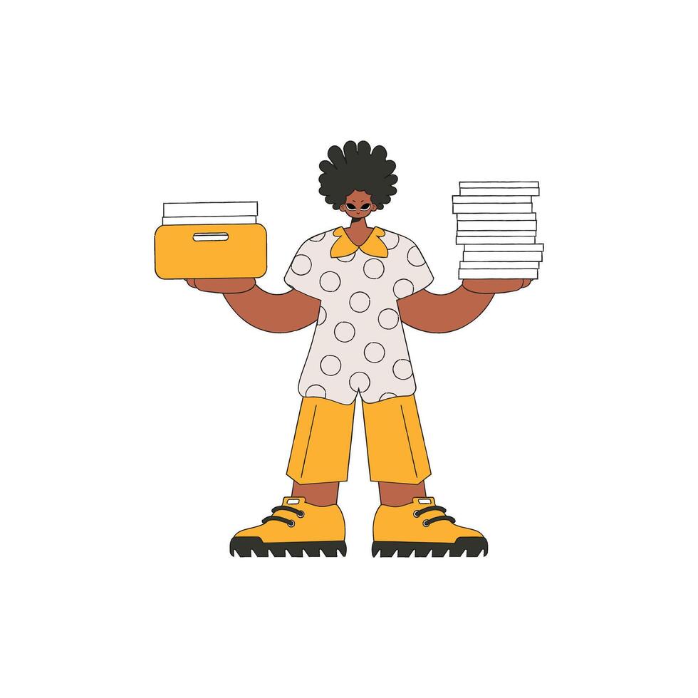 Stylish man holds stacks of documents in his hands. vector