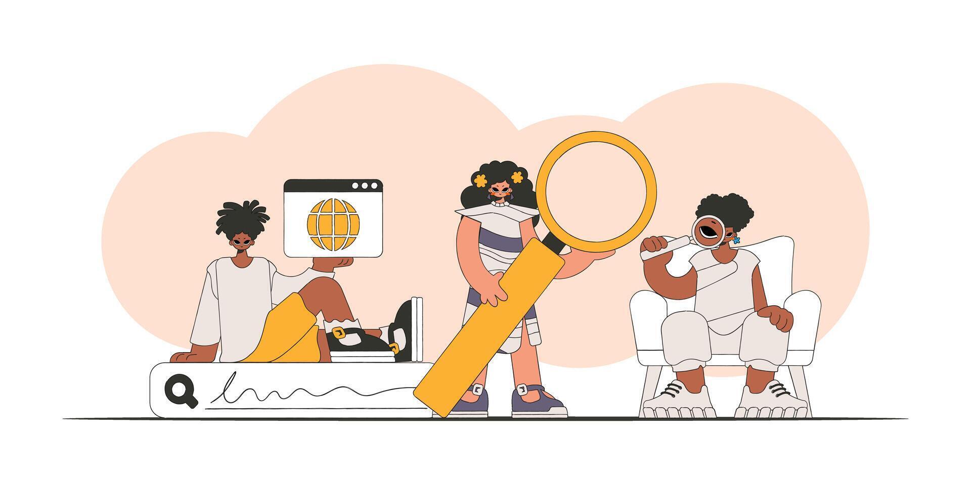 A group of people are looking for information. Bright trend character. vector