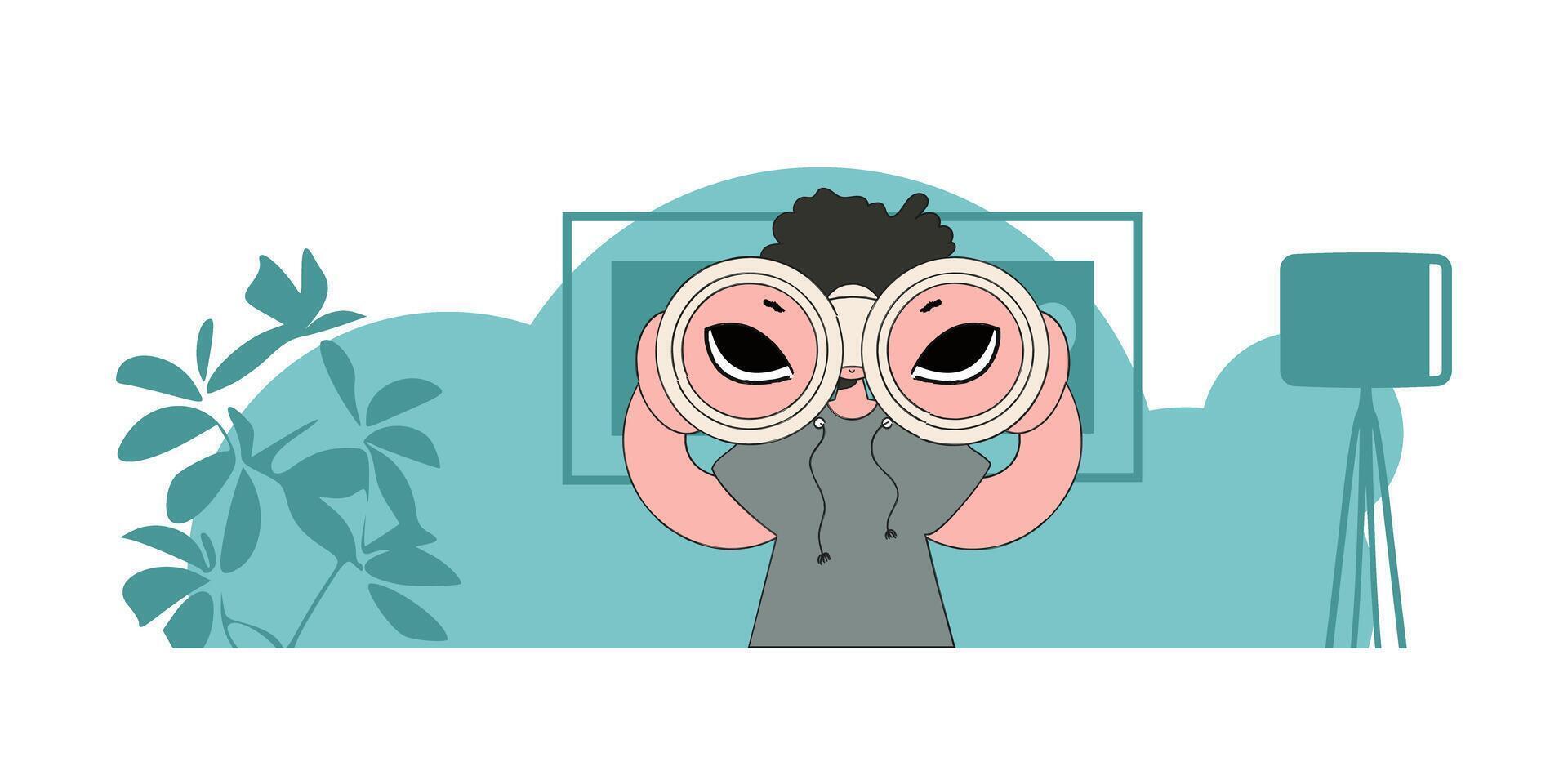 Good for job postings and flyers. A young man holds binoculars in his hands. vector