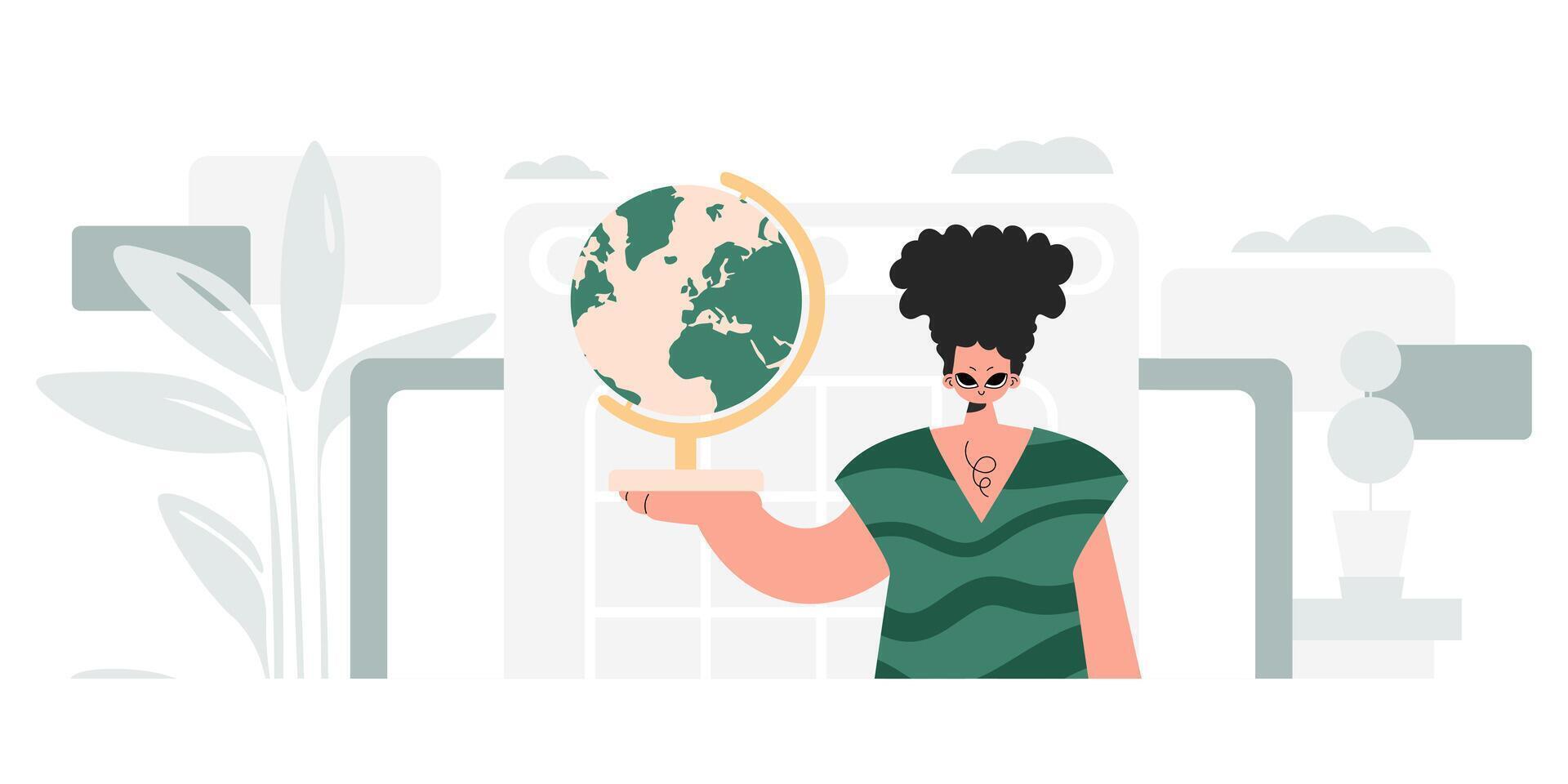 The individual is holding a colossal globe, the subject of learning. Trendy style, Vector Illustration