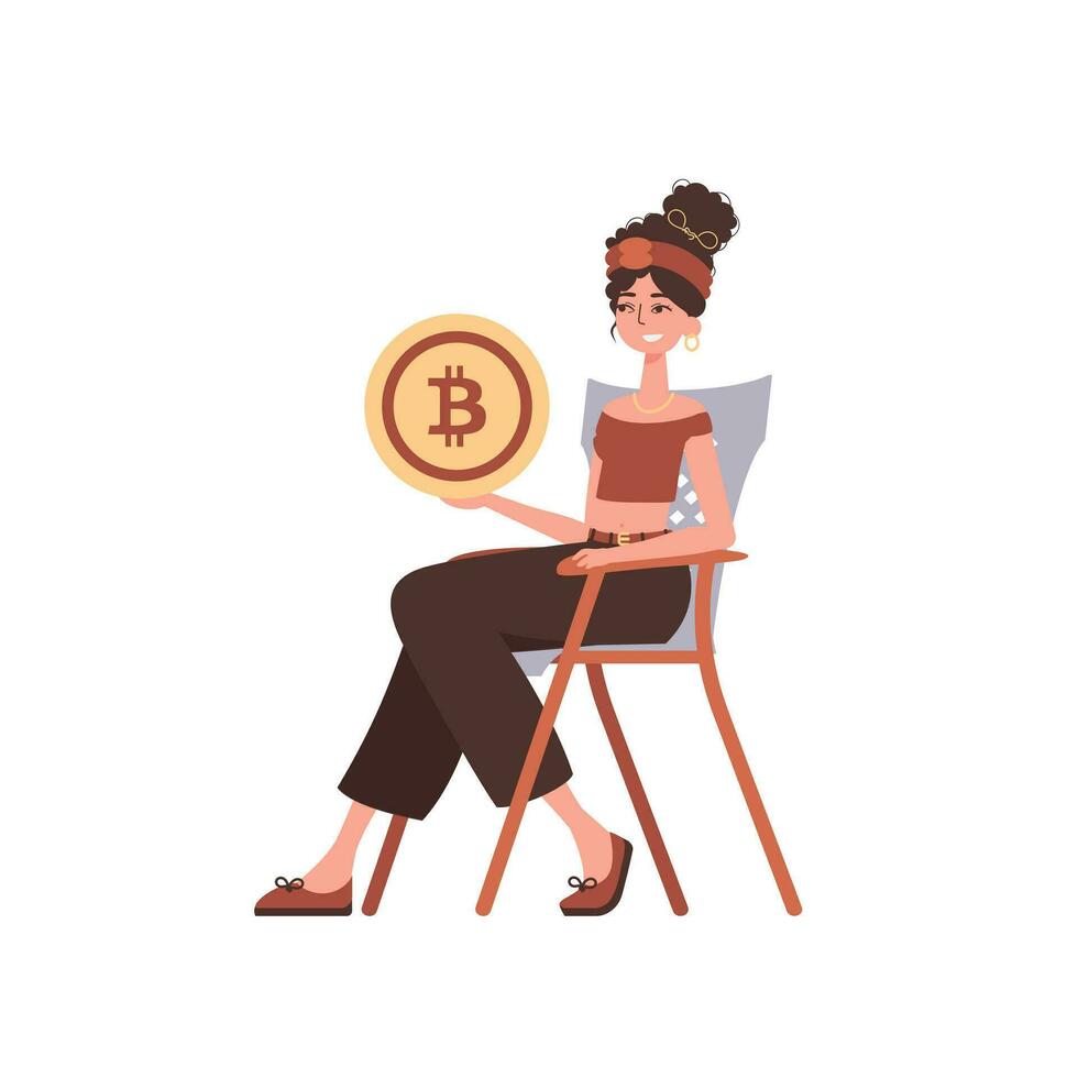 un mujer se sienta en un silla y sostiene un bitcoin en su manos. personaje en moderno de moda estilo. vector