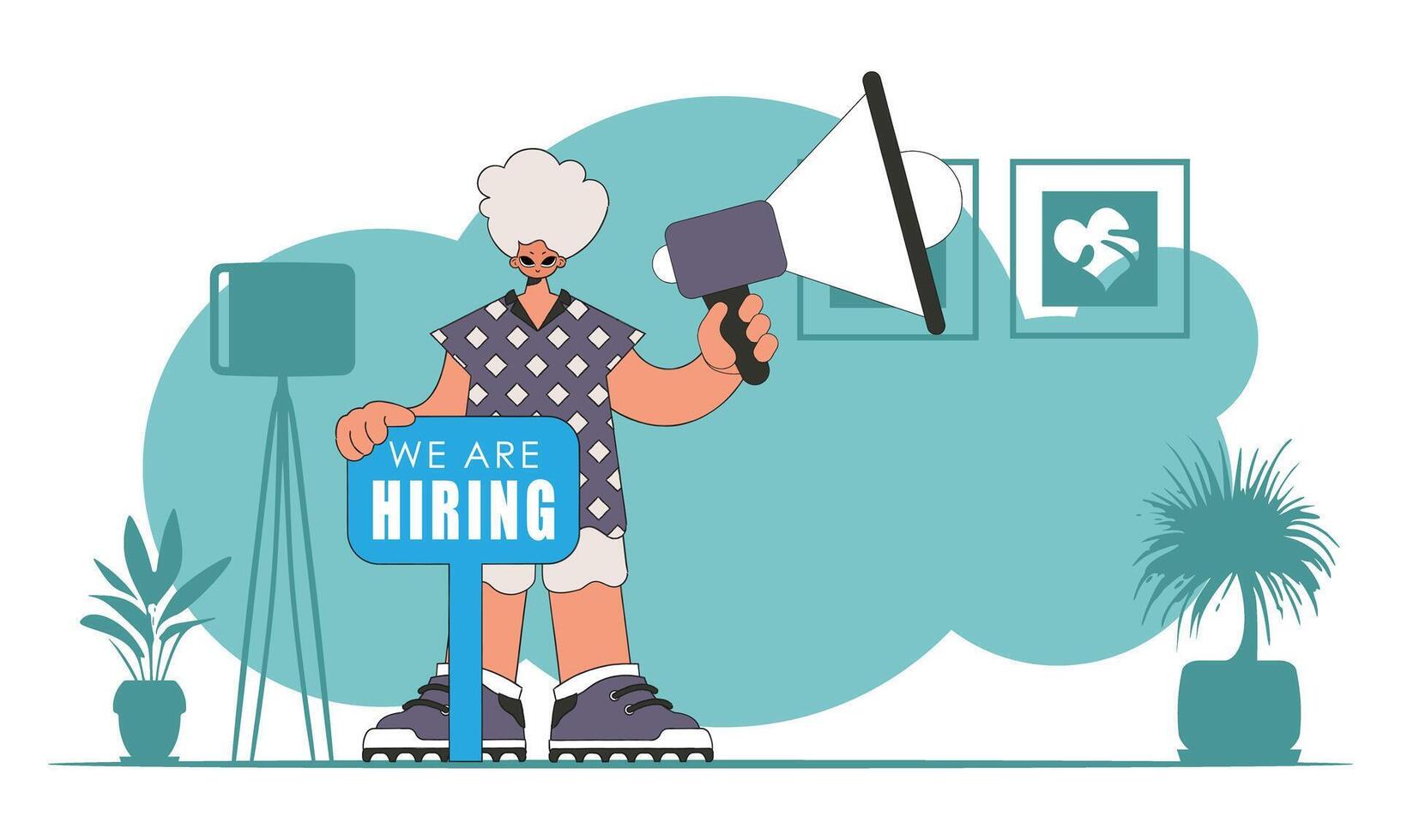 Subject Sphere of human resources. A man holds a megaphone in his hands. vector