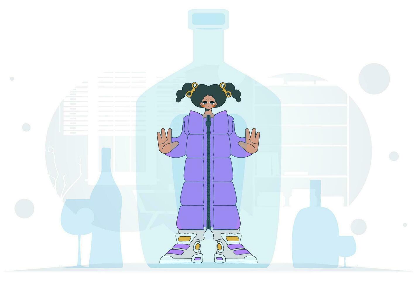 The concept of alcohol addiction. The girl is inside the bottle. vector