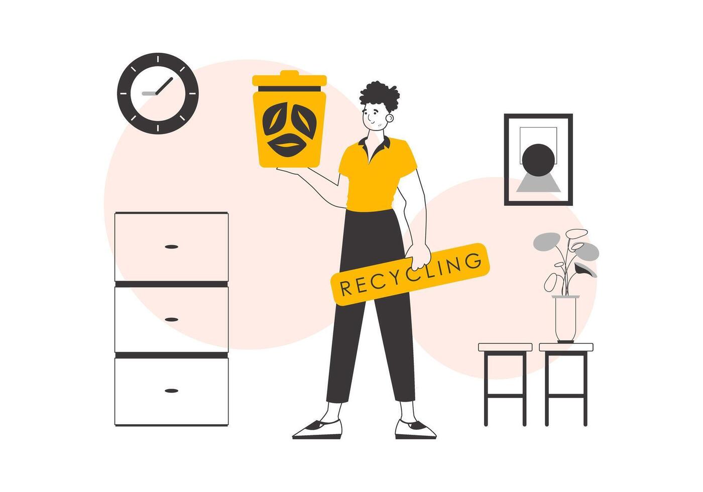 A man is holding a trash can. The concept of recycling plastic and waste. Linear modern style. vector