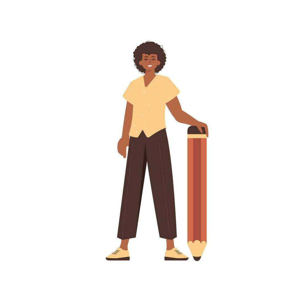 The man is holding a pencil. Trend style character. vector