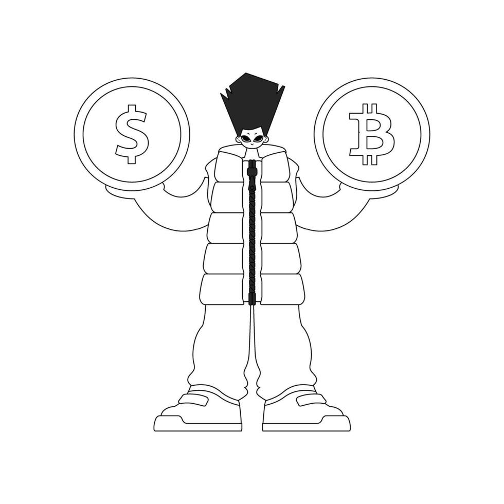 A stunning man holds a bitcoin and dollar coin in his hands. Linear black and white style. vector