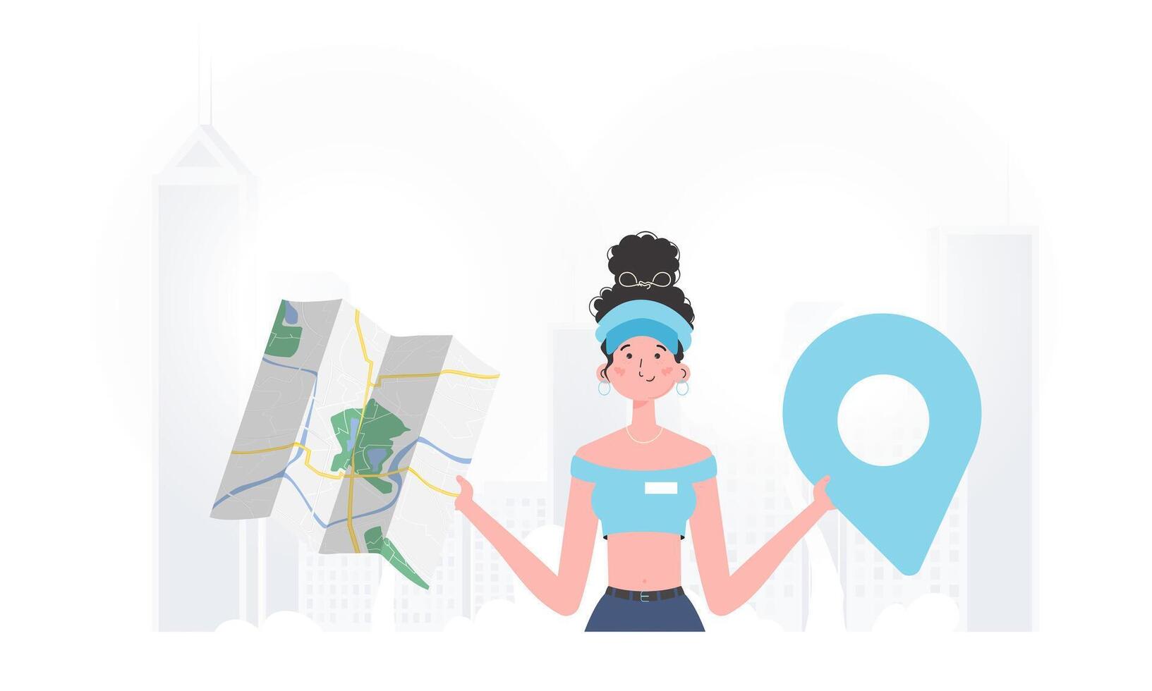 The girl is holding a map. Cartoon style character is depicted to the waist. illustration. vector