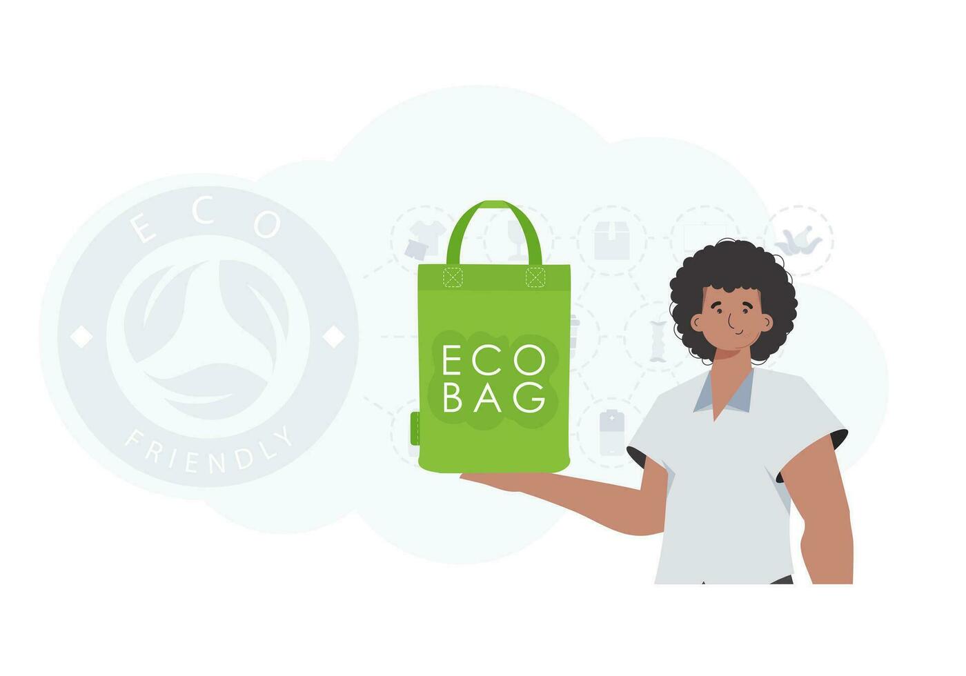 The concept of ecology and care for the environment. The guy is holding an ECO BAG in his hands. Fashion trend vector illustration.