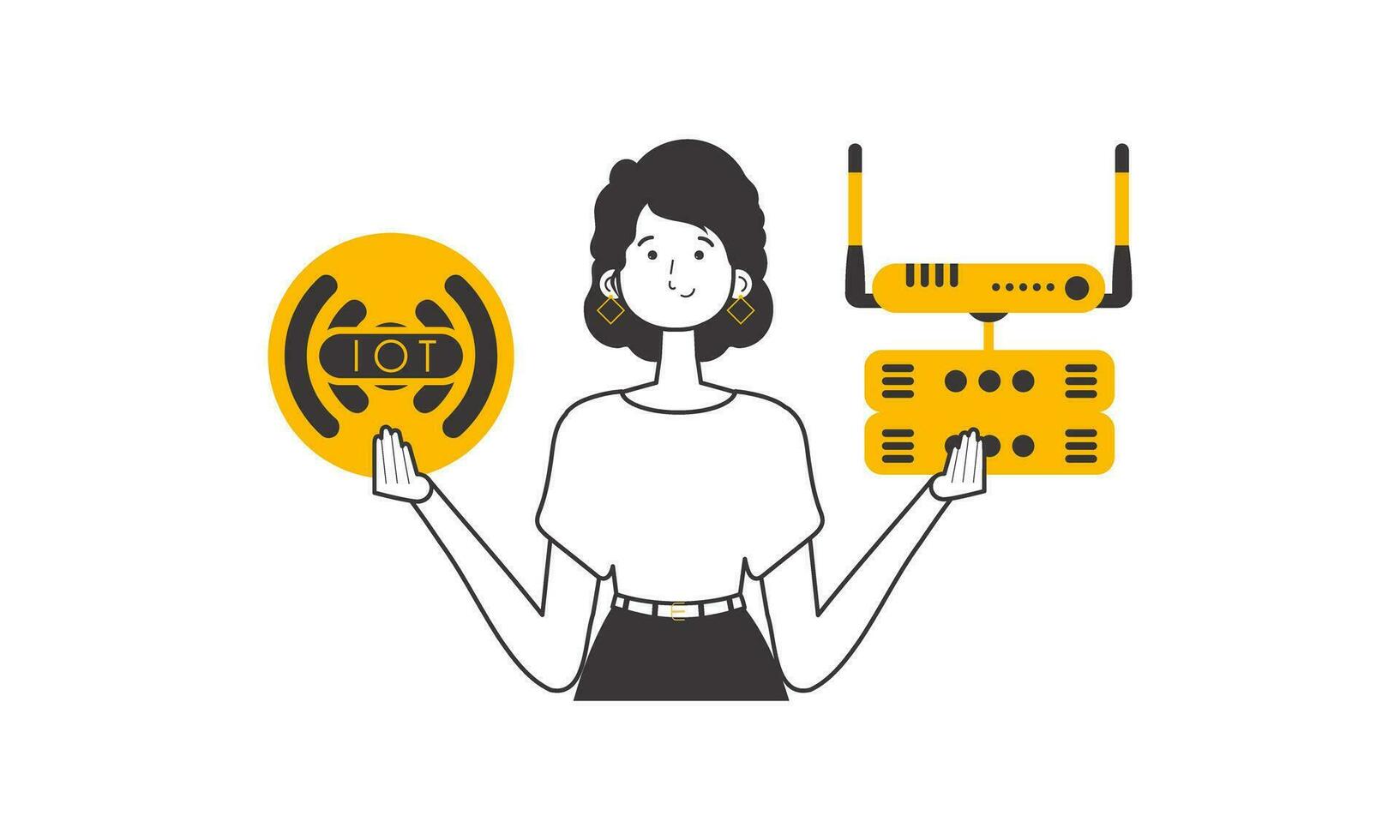 The girl is holding the internet of things logo in her hands. Linear trendy style. Isolated. Vector. vector