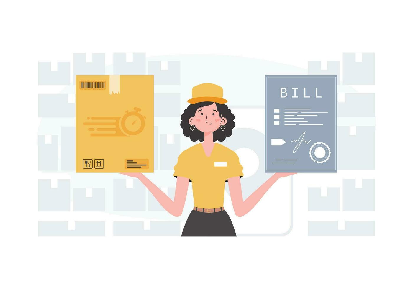 Home delivery concept. Woman courier delivers a parcel and issues an invoice. Cartoon style. Vector. vector