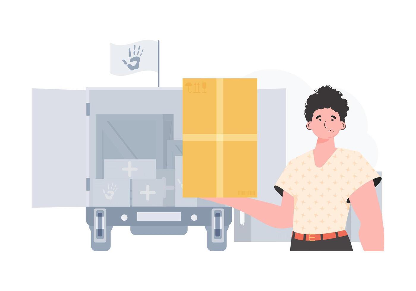 The man is holding a box. The concept of humanitarian aid. trendy style. illustration. vector