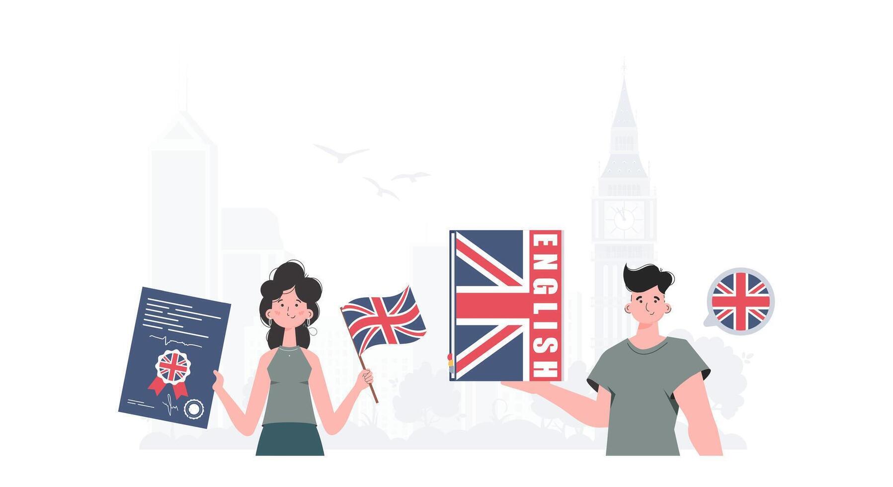 The concept of learning English. English language team. Trendy cartoon style. . vector