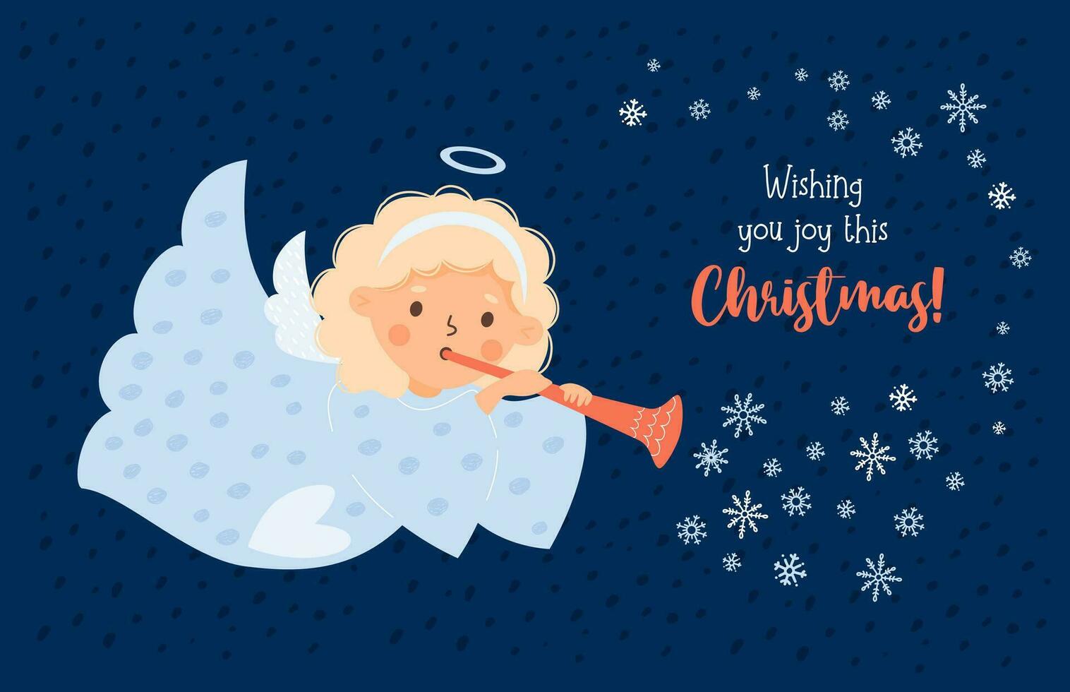 Christmas postcard. Cute little angel girl with trumpet on blue background with snowflakes. Horizontal Vector illustration in cartoon style. Xmas kids collection, new year , holiday design, decor.