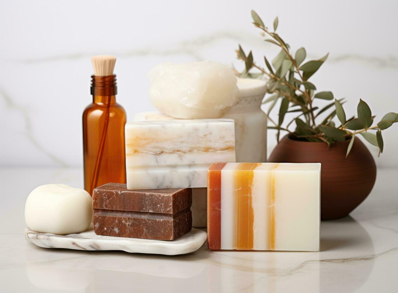 A spa with bar soap and a bottle of oil photo