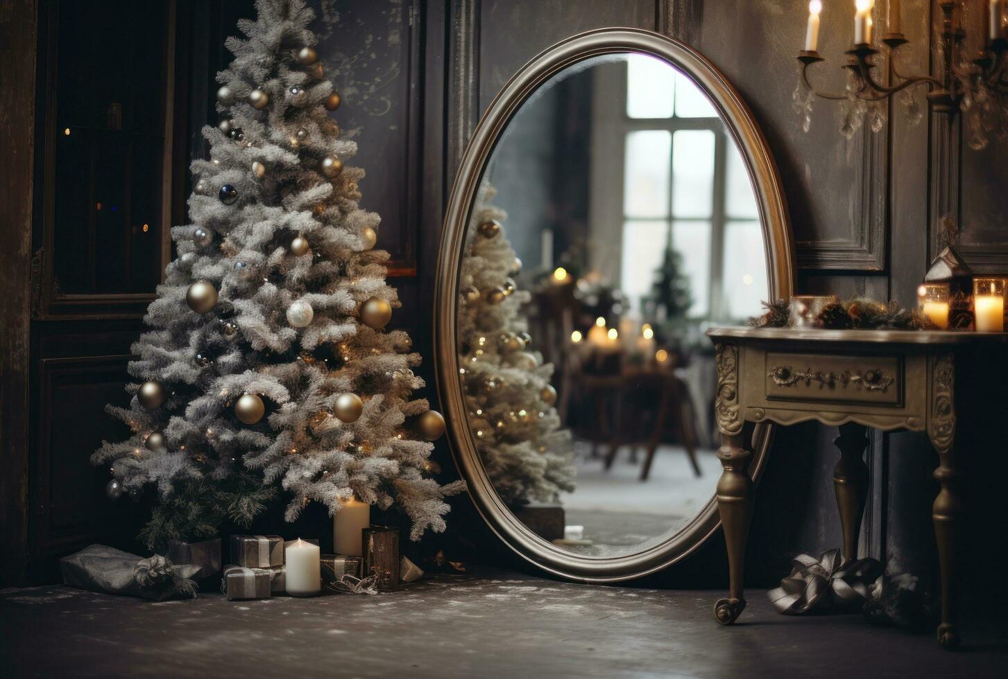Room in an old house, an old mirror hangs on the wall, in the mirror there is an image of a decorated New Year tree photo