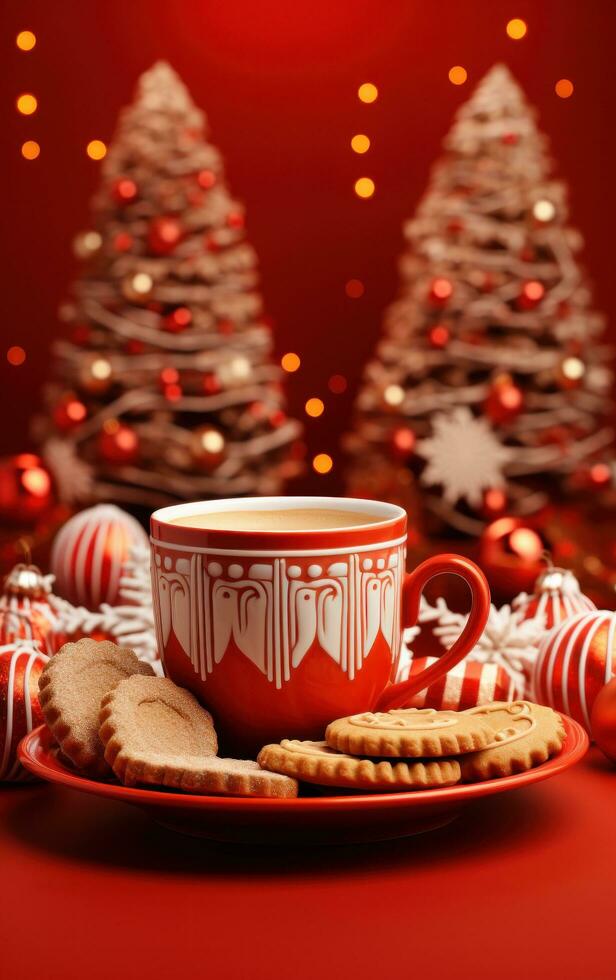 Christmas illustration with coffee and cookies on red table photo