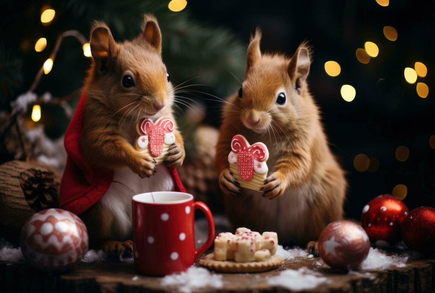 rojo ardillas son sentado en el nuevo año árbol, participación pequeño decorado regalos en su patas foto