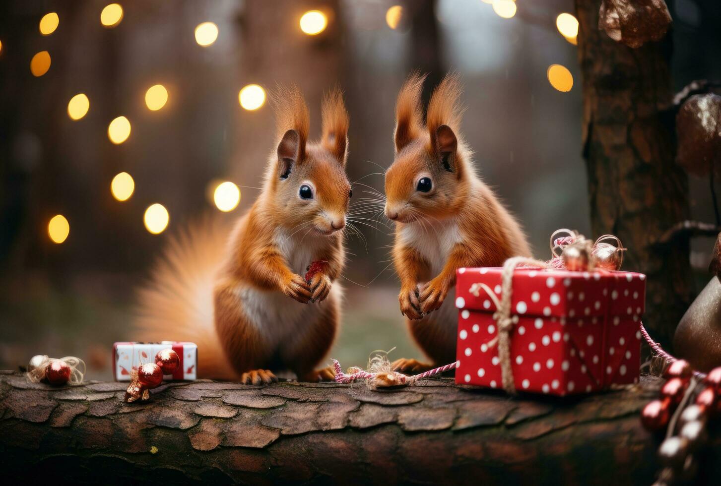 Red squirrels are sitting on the New Year tree, holding small decorated gifts in their paws photo