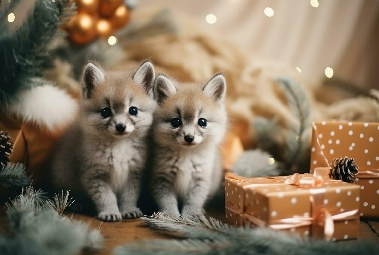 Chinchilla are sitting on the New Year tree, holding small decorated gifts in their paws photo