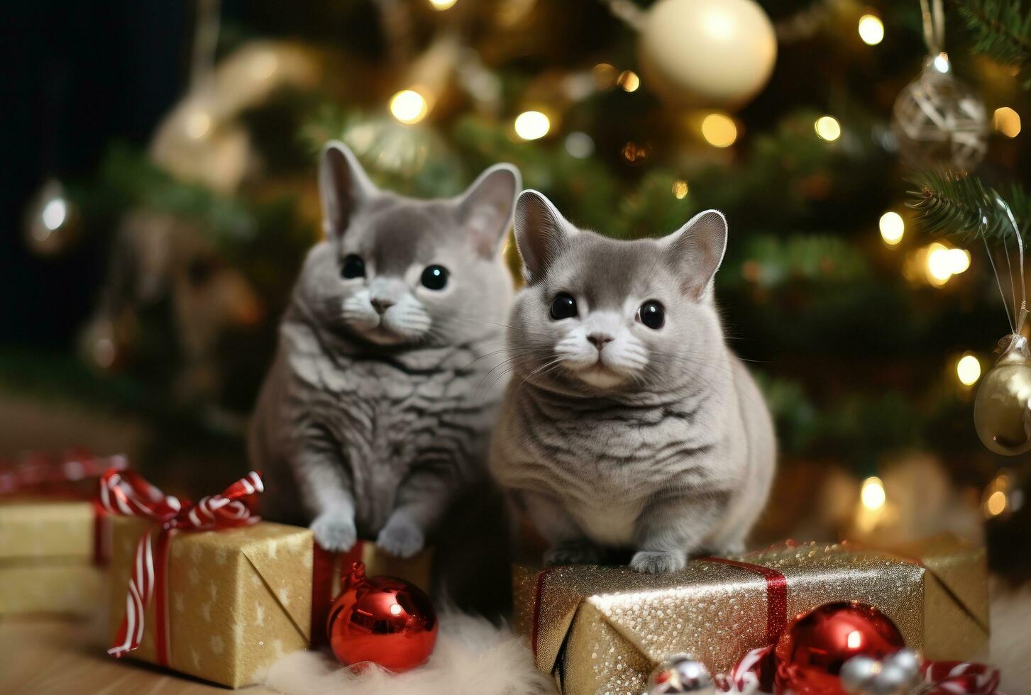 chinchilla son sentado en el nuevo año árbol, participación pequeño decorado regalos en su patas foto