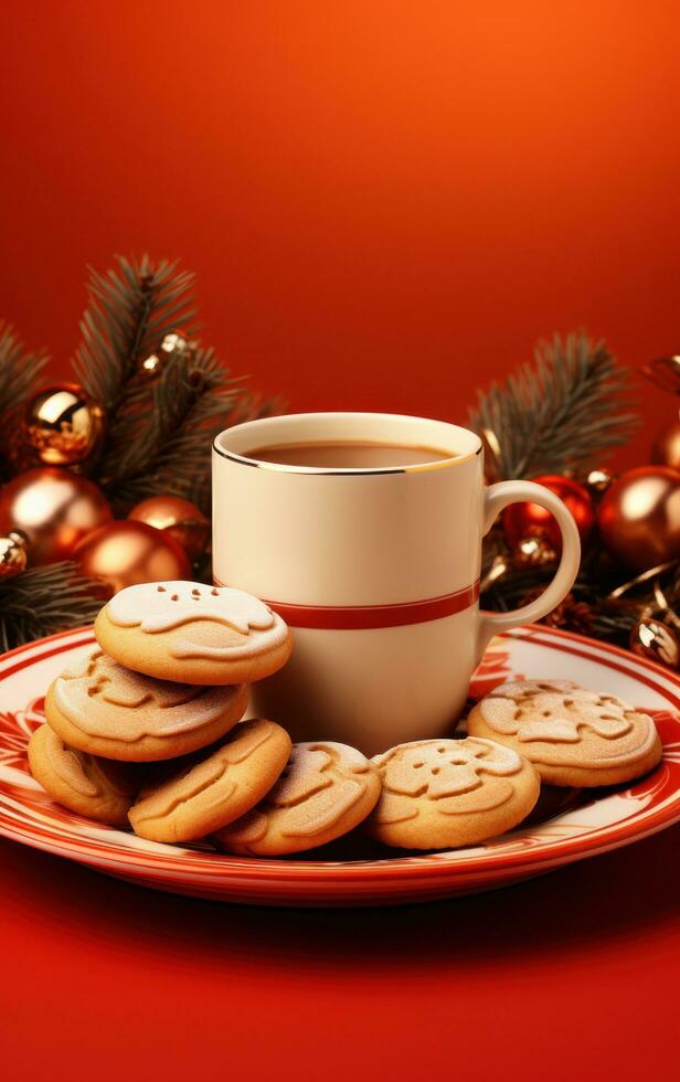 Christmas illustration with coffee and cookies on red table photo