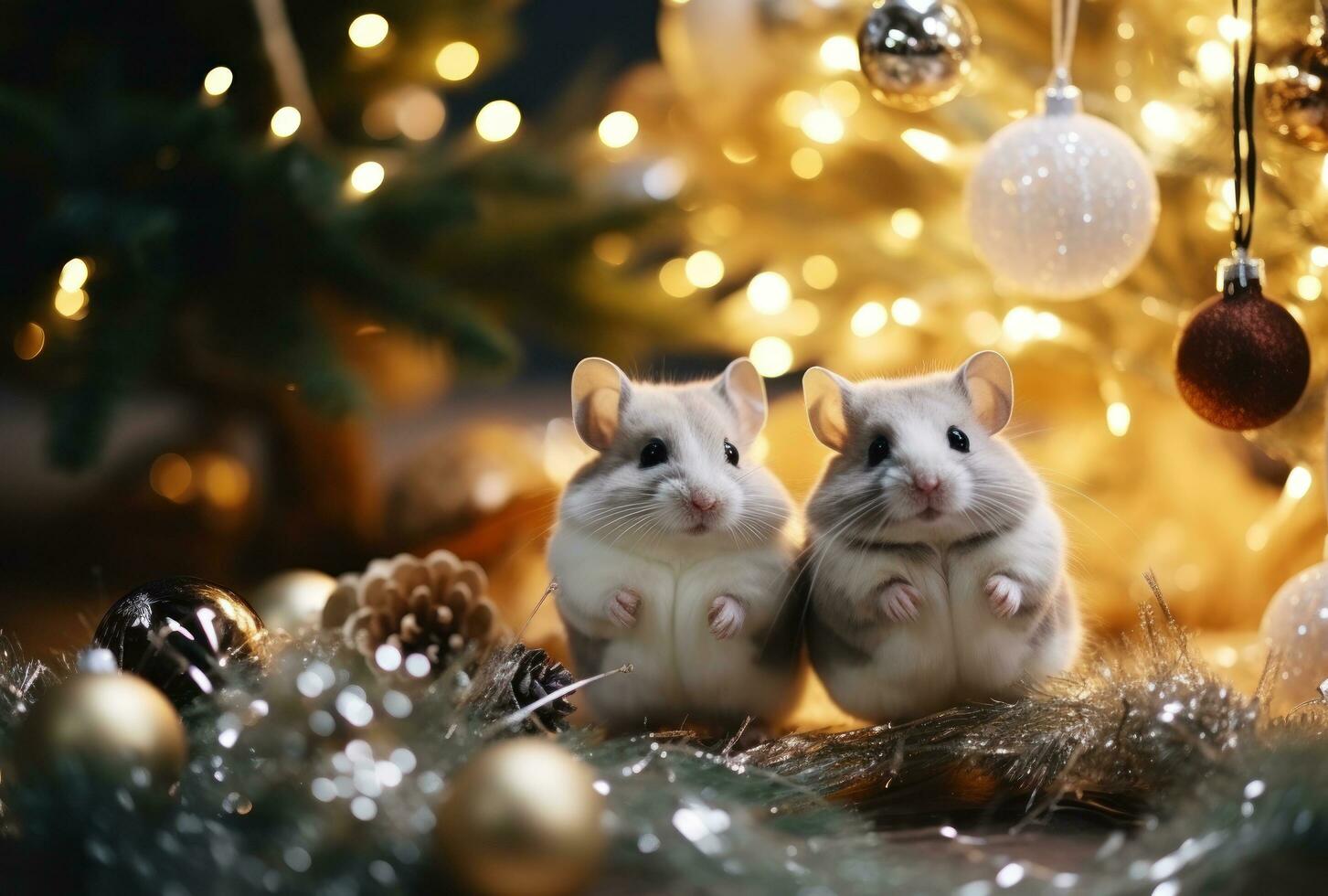 Chinchilla are sitting on the New Year tree, holding small decorated gifts in their paws photo