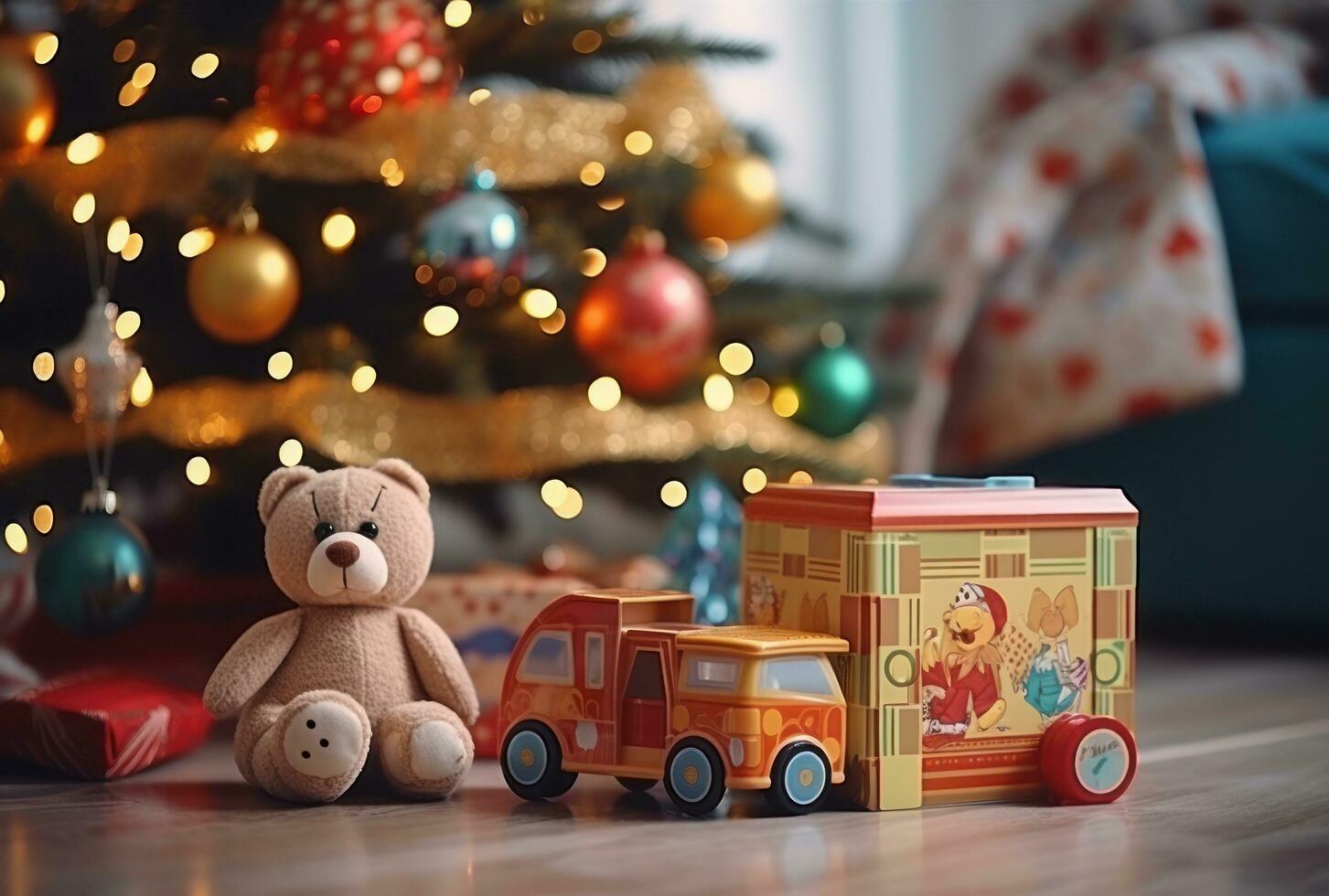 There are toys under the decorated Christmas tree photo