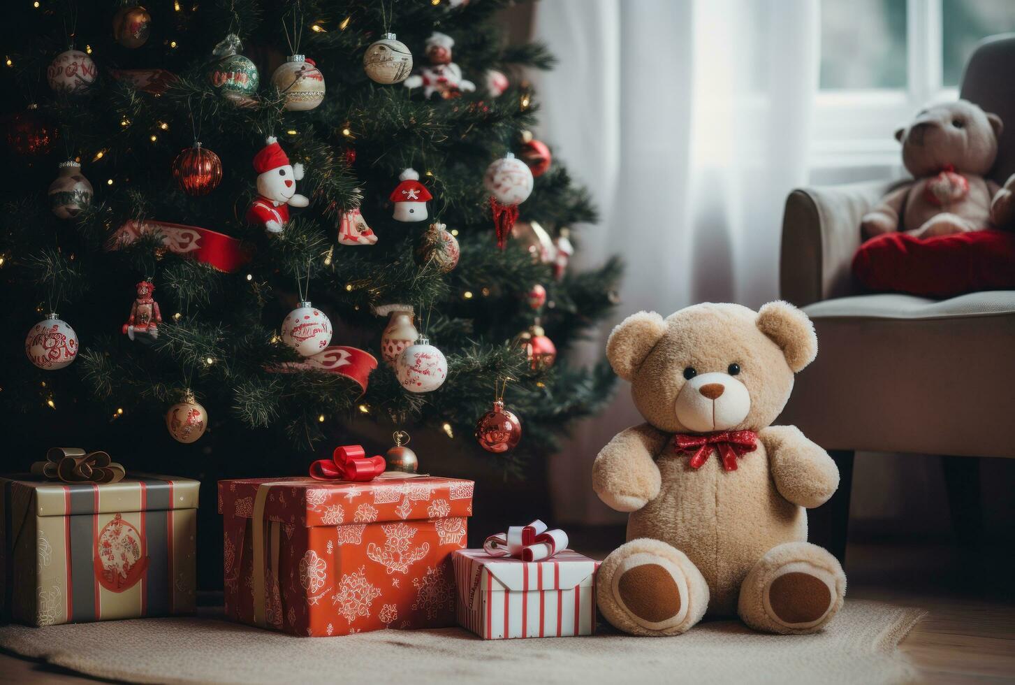There are toys under the decorated Christmas tree photo