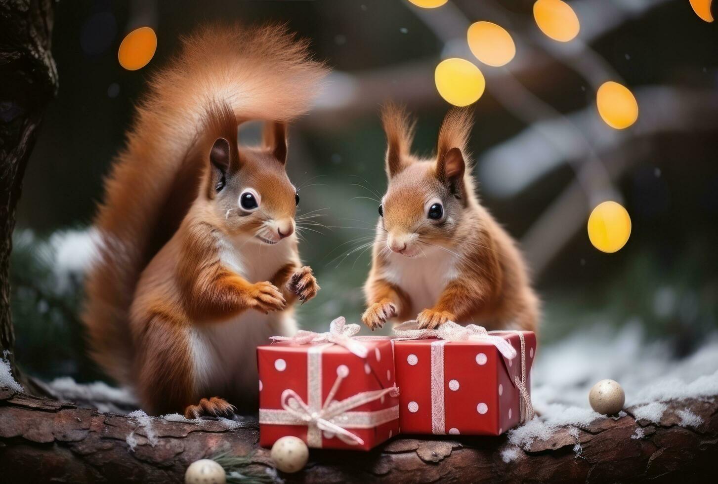 rojo ardillas son sentado en el nuevo año árbol, participación pequeño decorado regalos en su patas foto